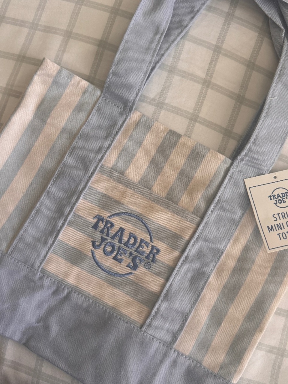 🆕🩵 Trader Joes Striped Mini Tote Pastel Blue